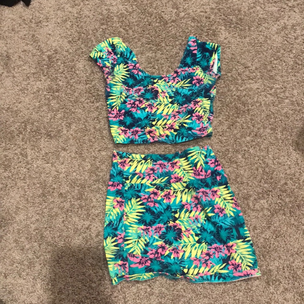 Two piece tropical crop top and skirt